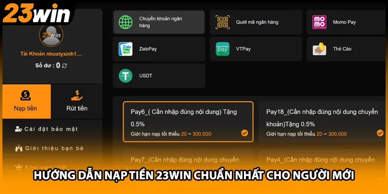 Hướng dẫn nạp tiền 23WIN chuẩn nhất cho người mới